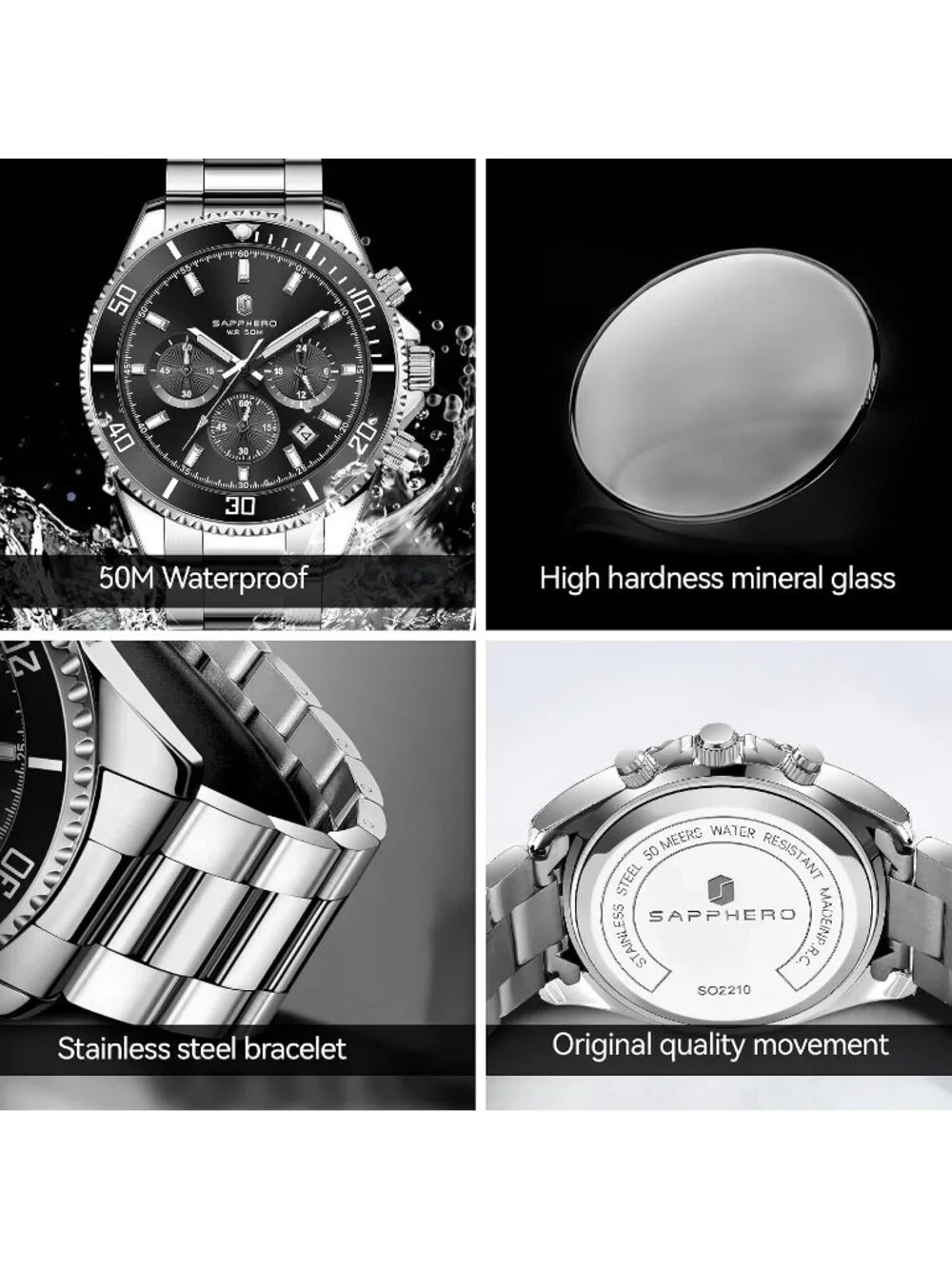 Men's Silver And Black Chronograph Stainless Steel Waterproof Quartz Wrist Watch